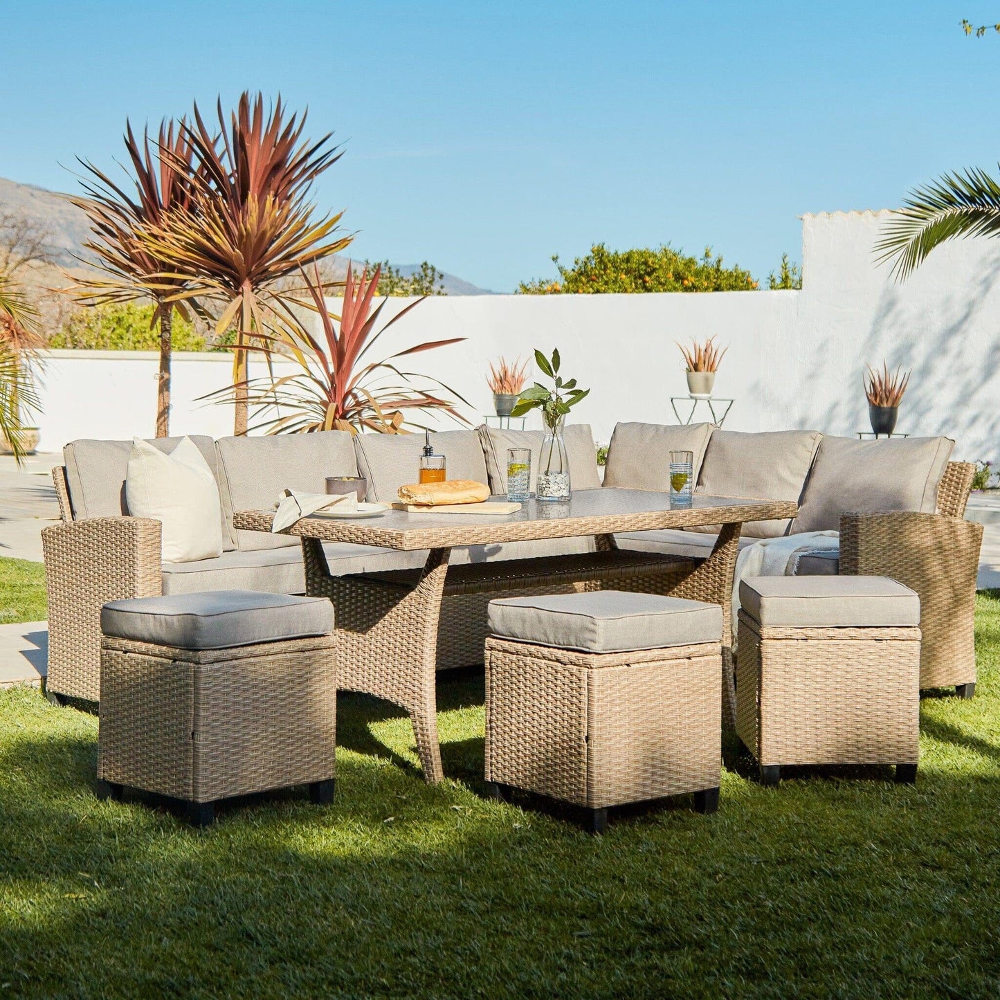 Aston Rattan Corner Sofa Set - 9 Seater - Natural Brown - Glass Table Top - Laura James