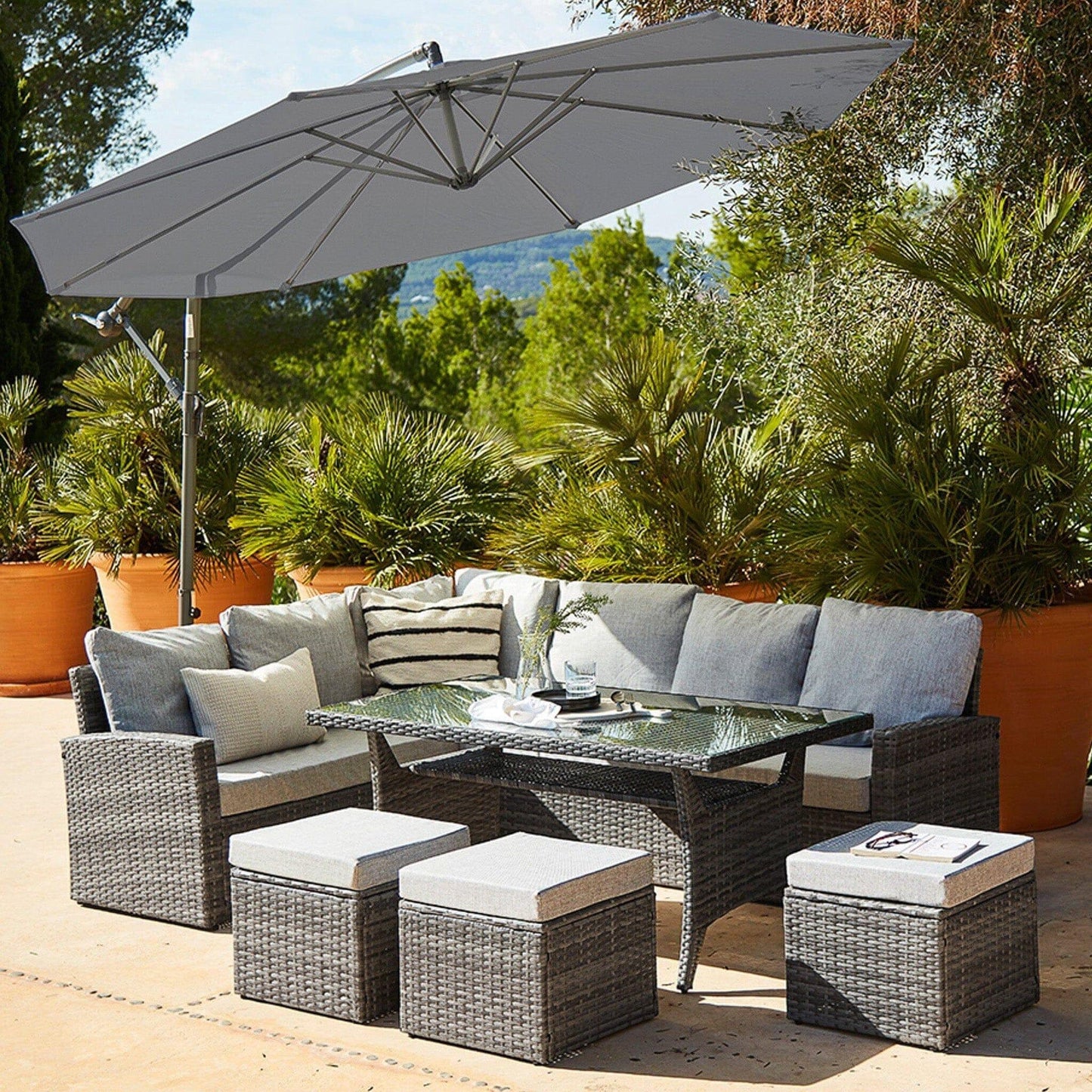 Aston Rattan Corner Sofa Set - Grey Lean Over Parasol - 9 Seater - Grey - Laura James