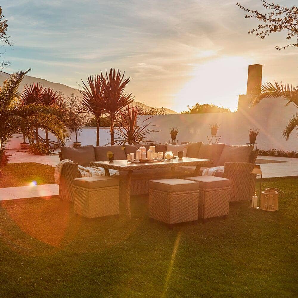 Aston 9 Seater Rattan Corner Sofa Set with Cream LED Premium Parasol with Glass Table Top - Natural Brown - Laura James