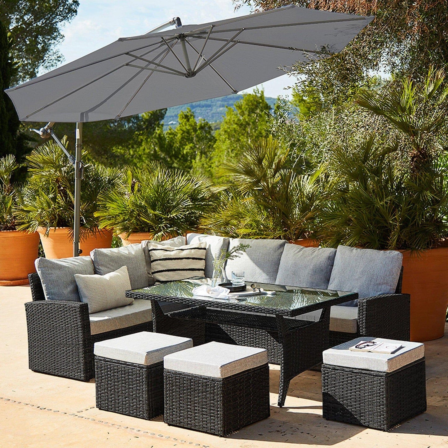 Aston Rattan Corner Sofa Set - Grey Lean Over Parasol - 9 Seater - Black - Laura James
