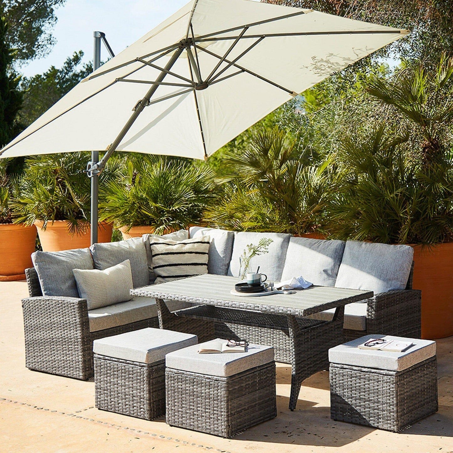 Aston Sofa Dining Set Sofa Set Grey Polywood with Premium Cream Parasol - Laura James