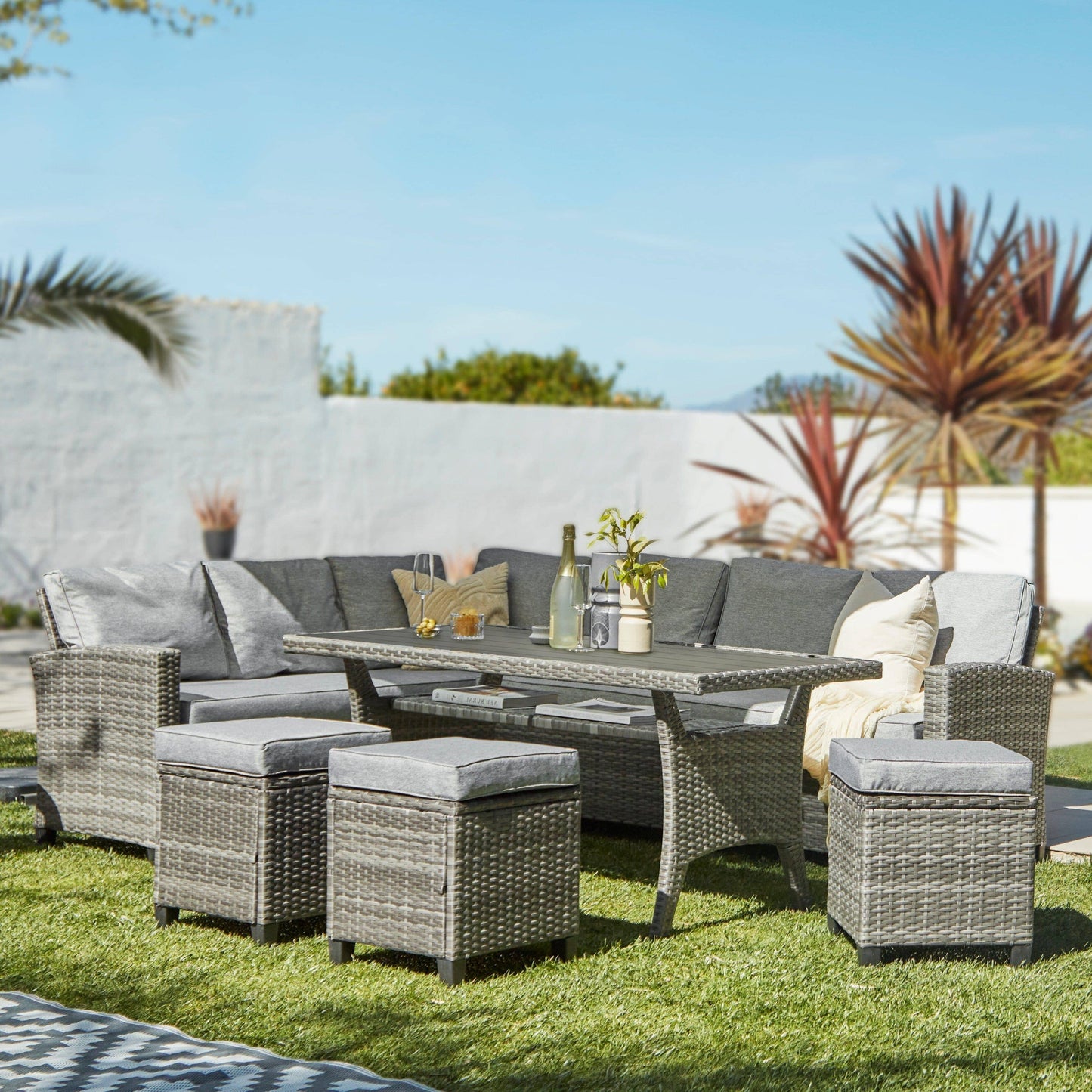 Aston 9 Seater Rattan Garden Corner Sofa Set with Grey LED Premium Parasol - Polywood Top - Grey