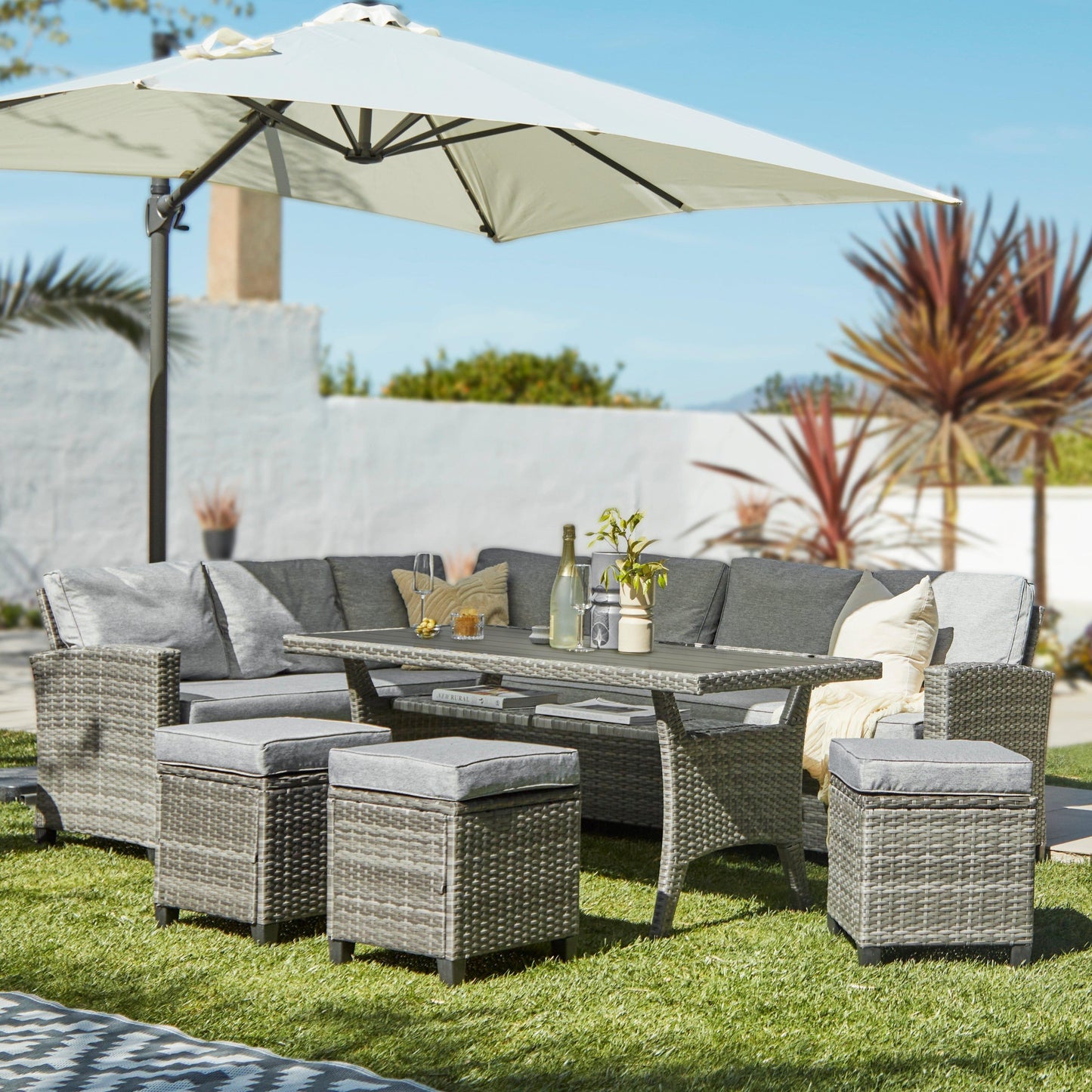 Aston Sofa Dining Set Sofa Set Grey Polywood with Premium Cream Parasol - Laura James
