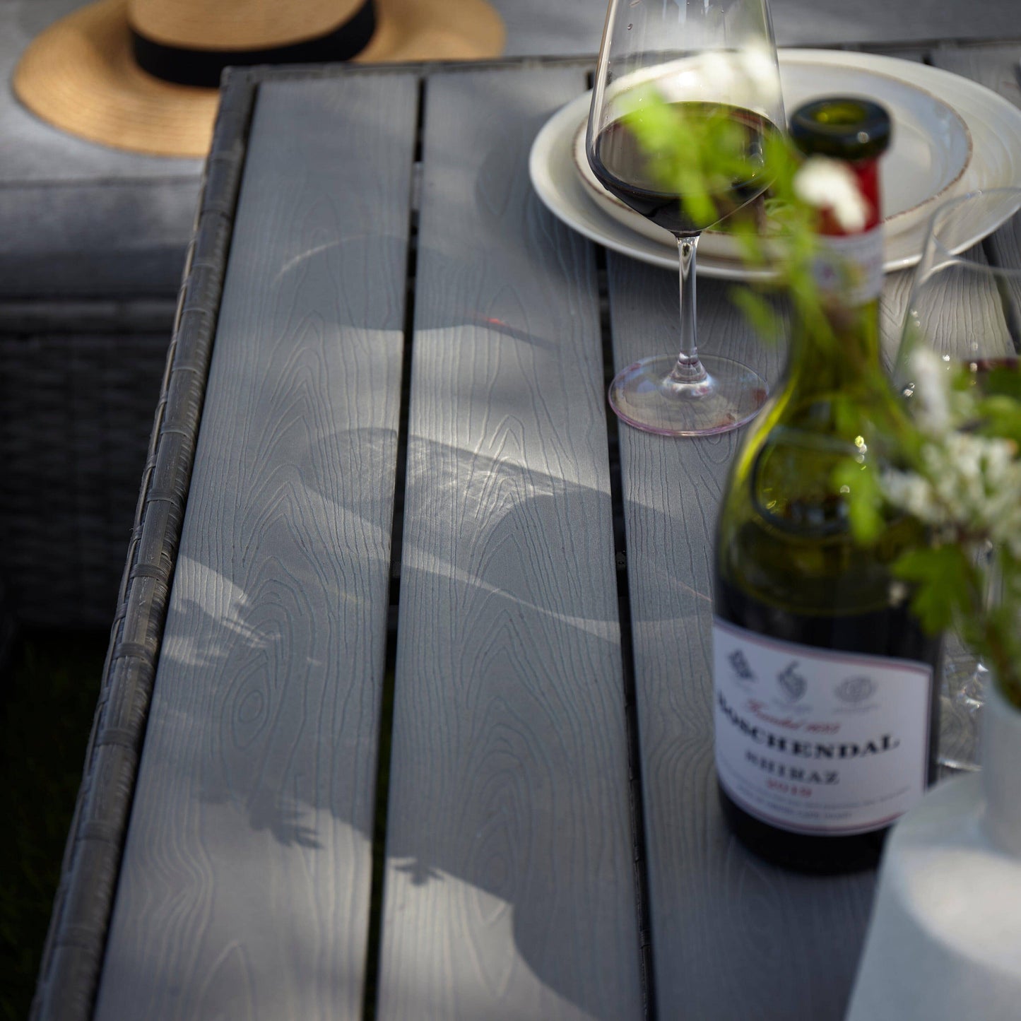 Aston 9 Seater Rattan Garden Corner Sofa Set with Grey LED Premium Parasol - Polywood Top - Grey