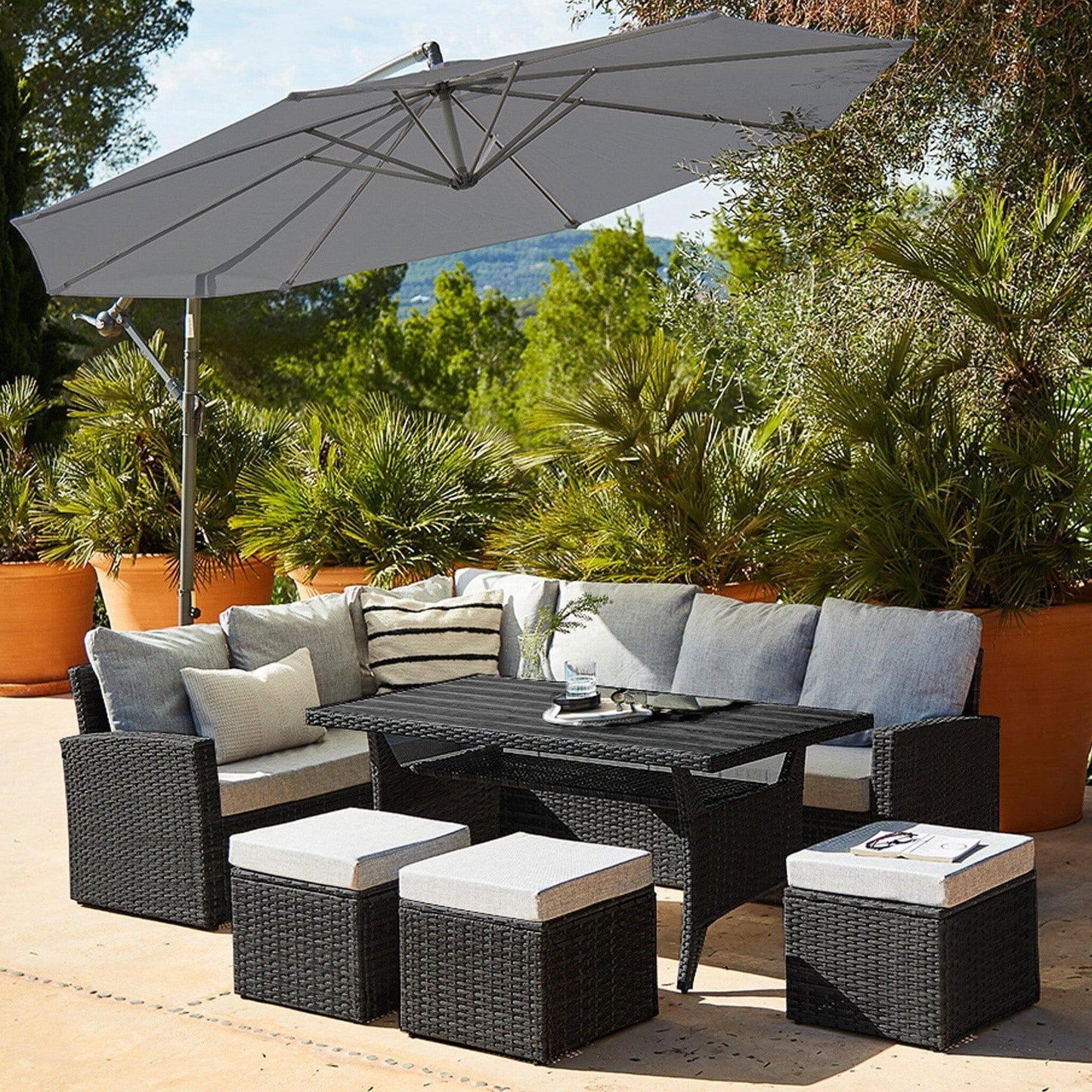 Aston Rattan Corner Sofa Set Polywood Top - Grey Lean Over Parasol - 9 Seater - Black