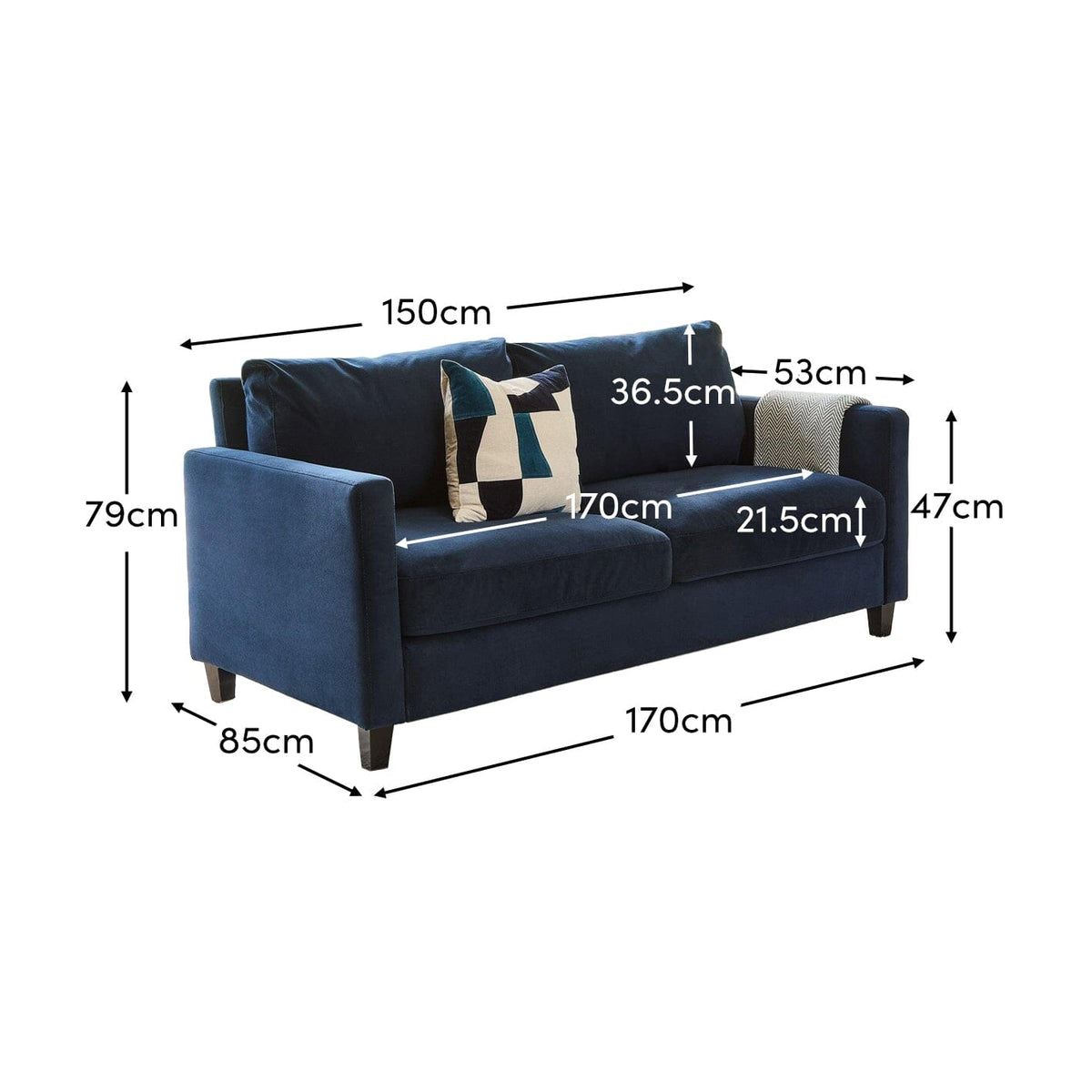 Ava Ink Dark Blue 2 Seater Sofa - Laura James