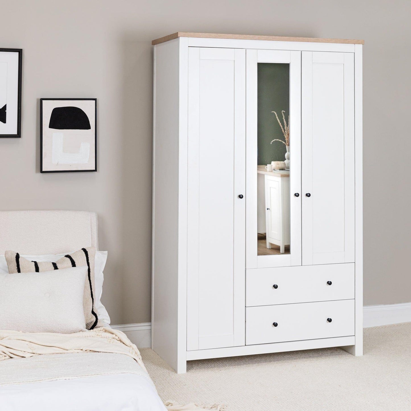 Bampton Triple Wardrobe with 2 Drawers - Alabaster White - Laura James