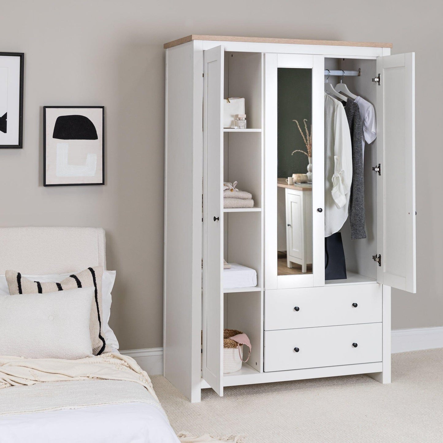 Bampton Triple Wardrobe with 2 Drawers - Alabaster White - Laura James