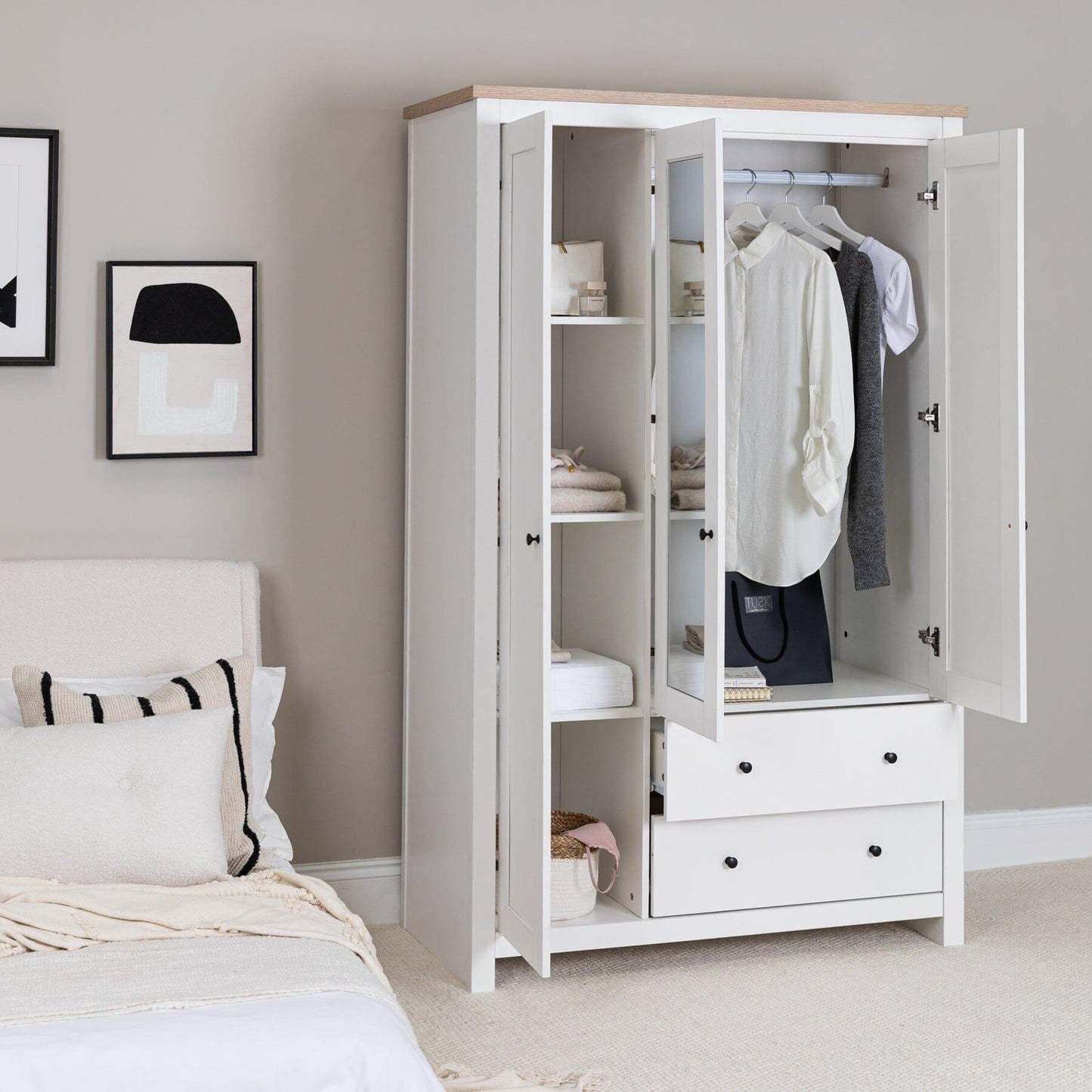 Bampton Triple Wardrobe with 2 Drawers - Alabaster White - Laura James