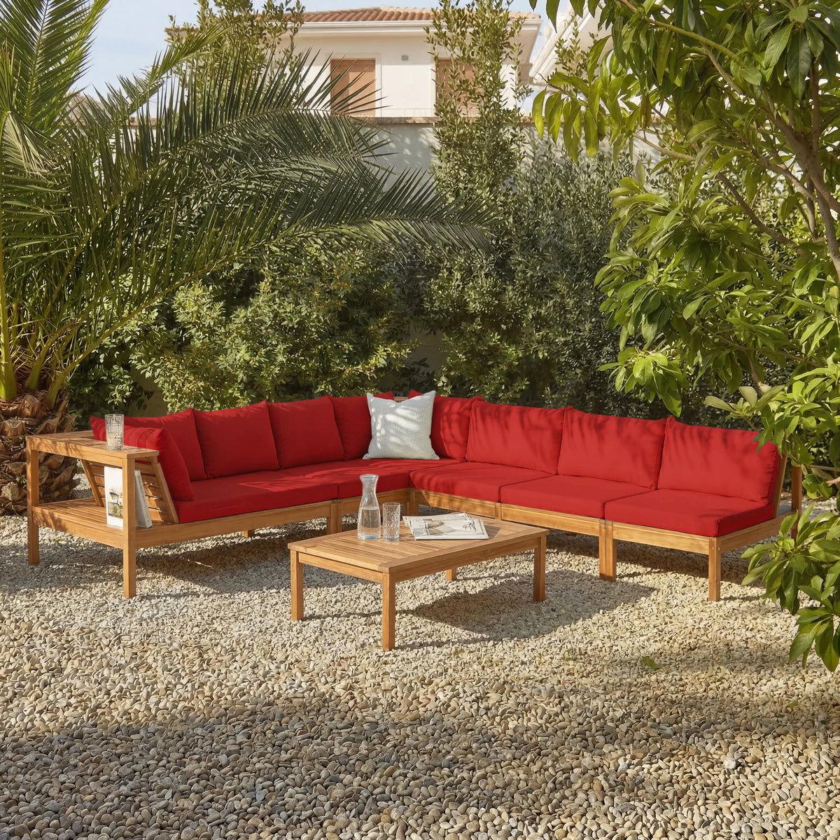 Dakota 8 Seater Wooden Corner Sofa Set - Natural Acacia with Red Cushions - Laura James