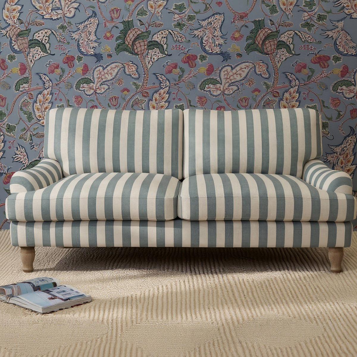 Brea 2 Seater Sofa - Blue Stripe with Whitewash Legs - Laura James