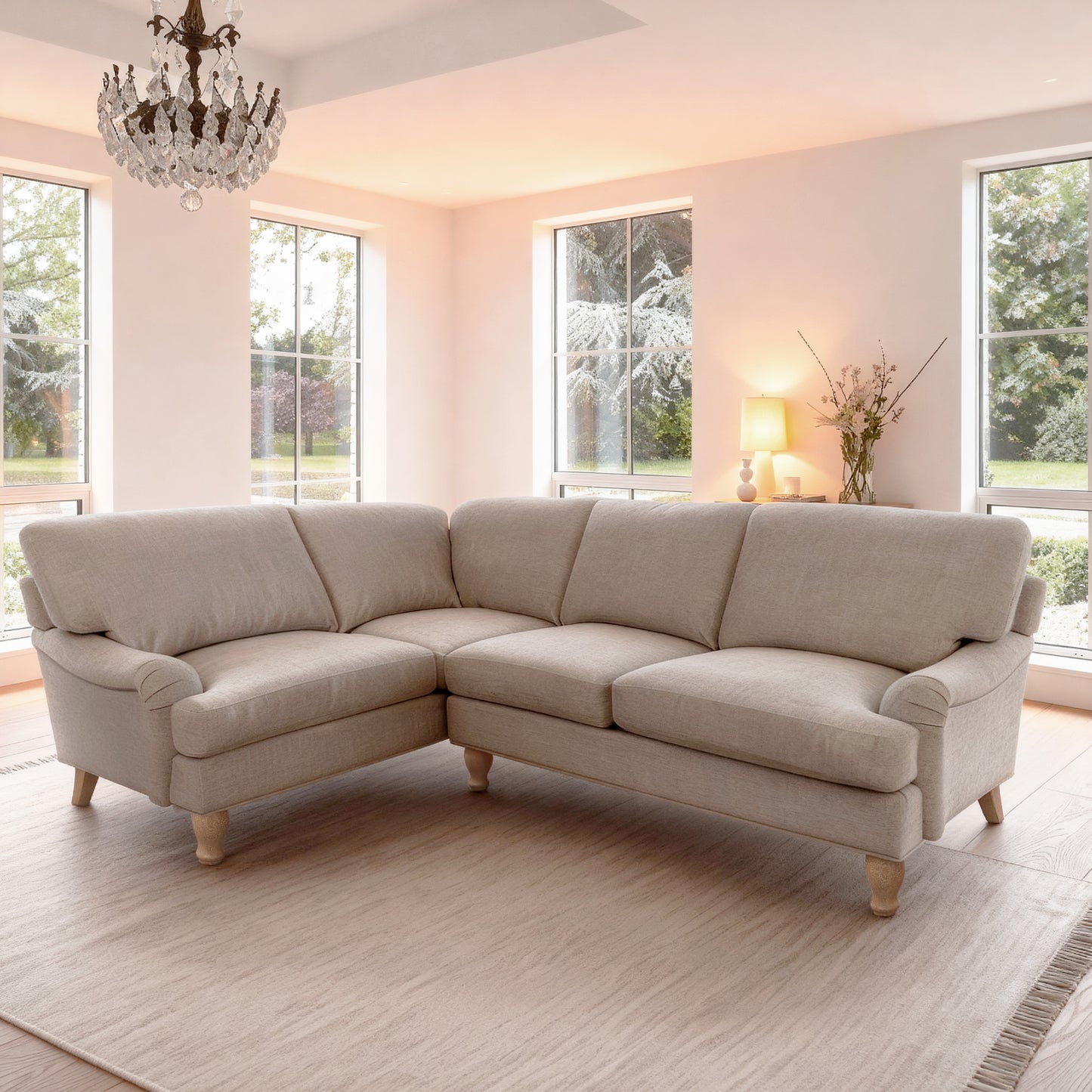 Brea Mink Taupe Right Corner Sofa with Whitewash Oak Legs - Laura James