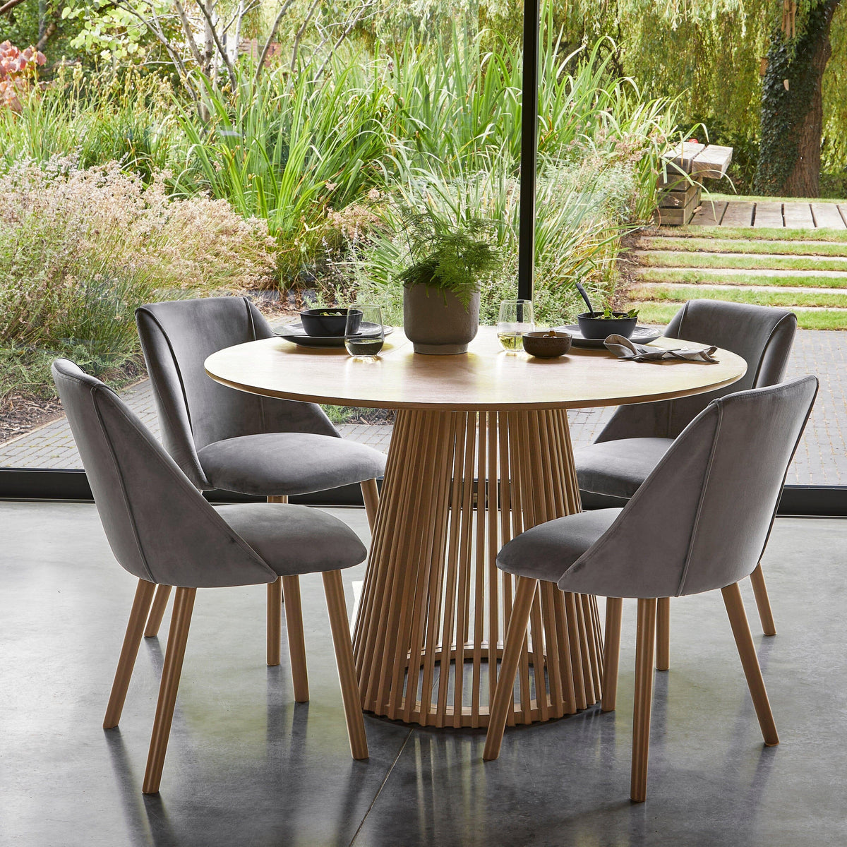 Willow 4 Seater Pale Oak Dining Table Set - Freya Grey Dining Chairs with Pale Oak Legs - Laura James