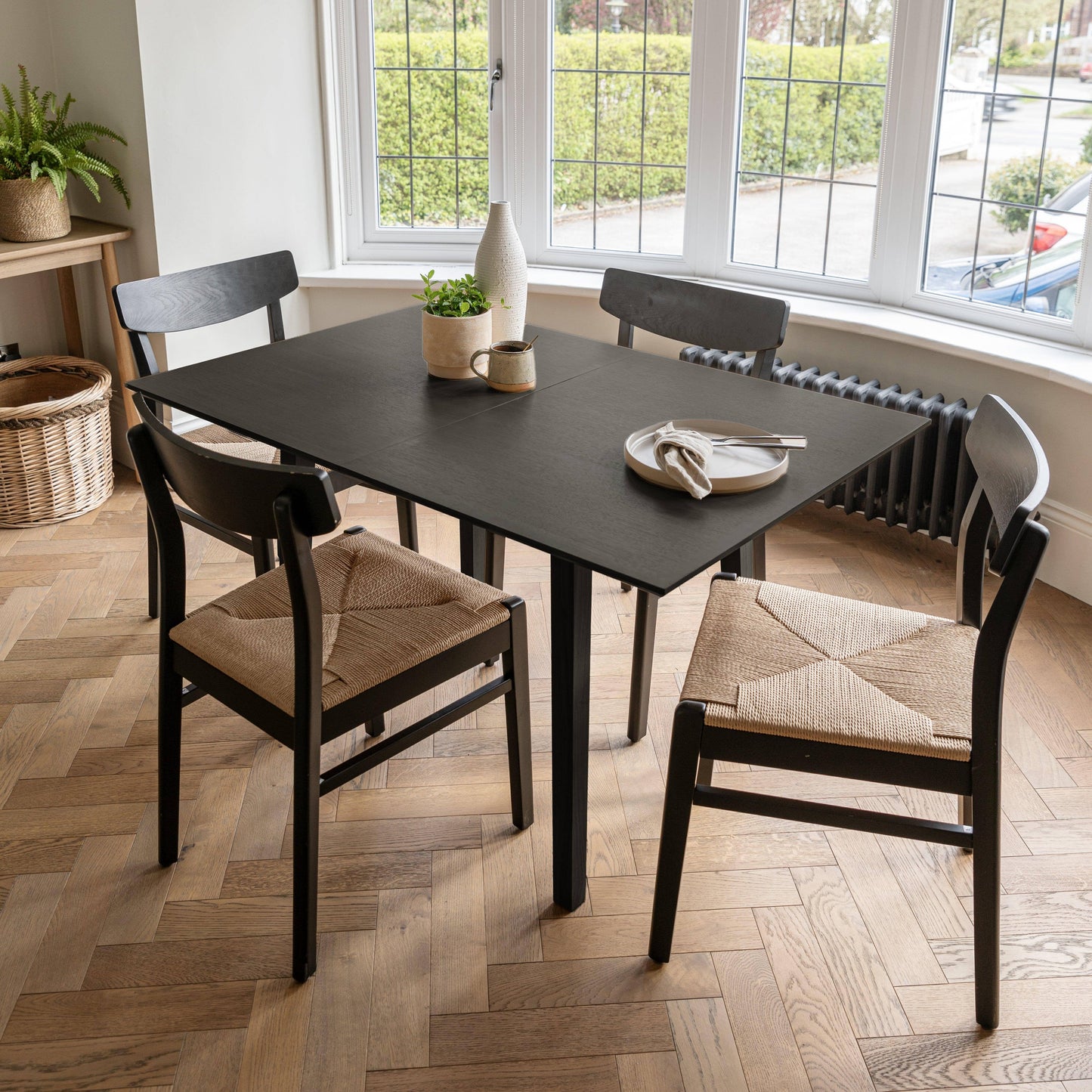 Charlie Black Extendable Dining Table Set - 4 Seater - Faye Woven Black Dining Chairs - Laura James