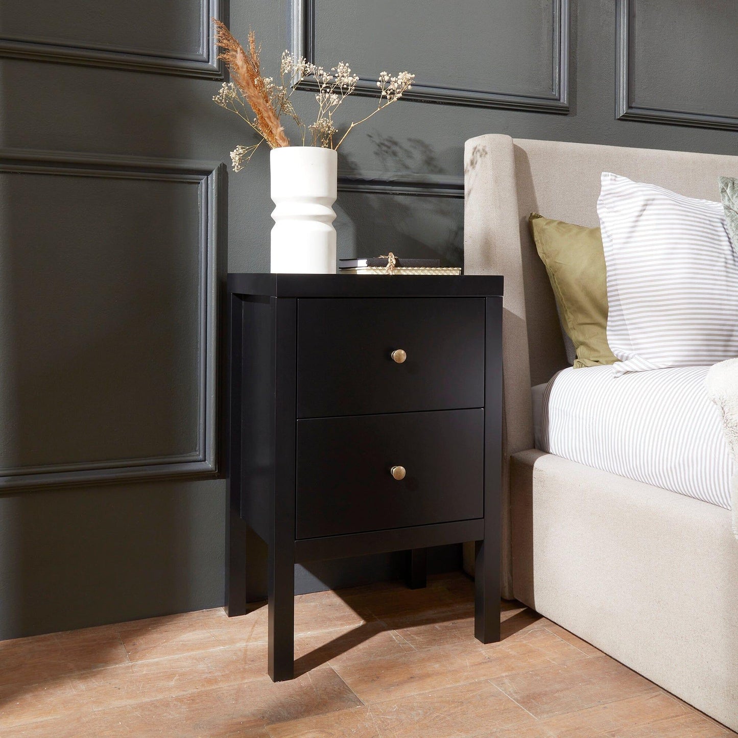 Charlie Two Drawer Bedside Table in Noir Black - Laura James