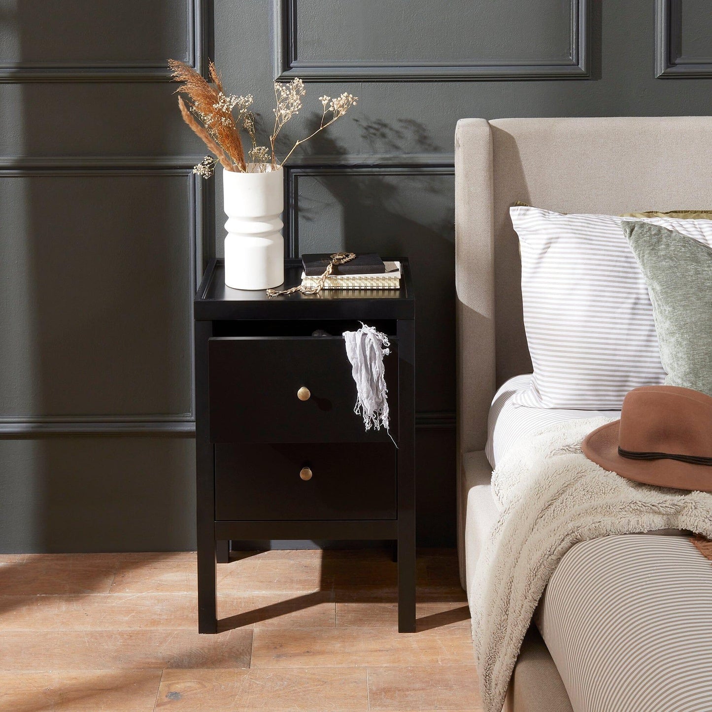 Charlie Two Drawer Bedside Table in Noir Black - Laura James