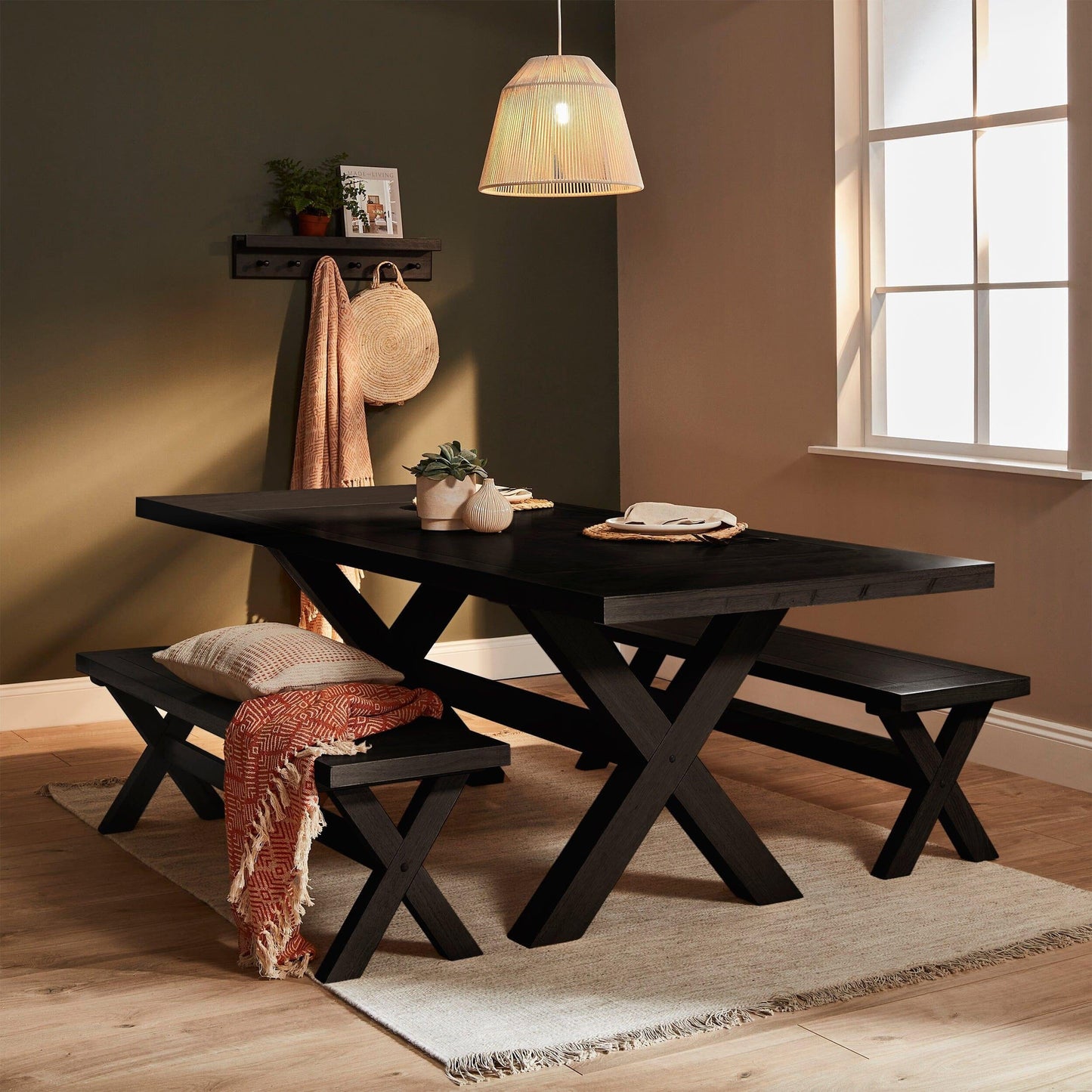 Charlotte Extendable Table 190cm with 2 150cm Dining Benches - Black Oak - Laura James