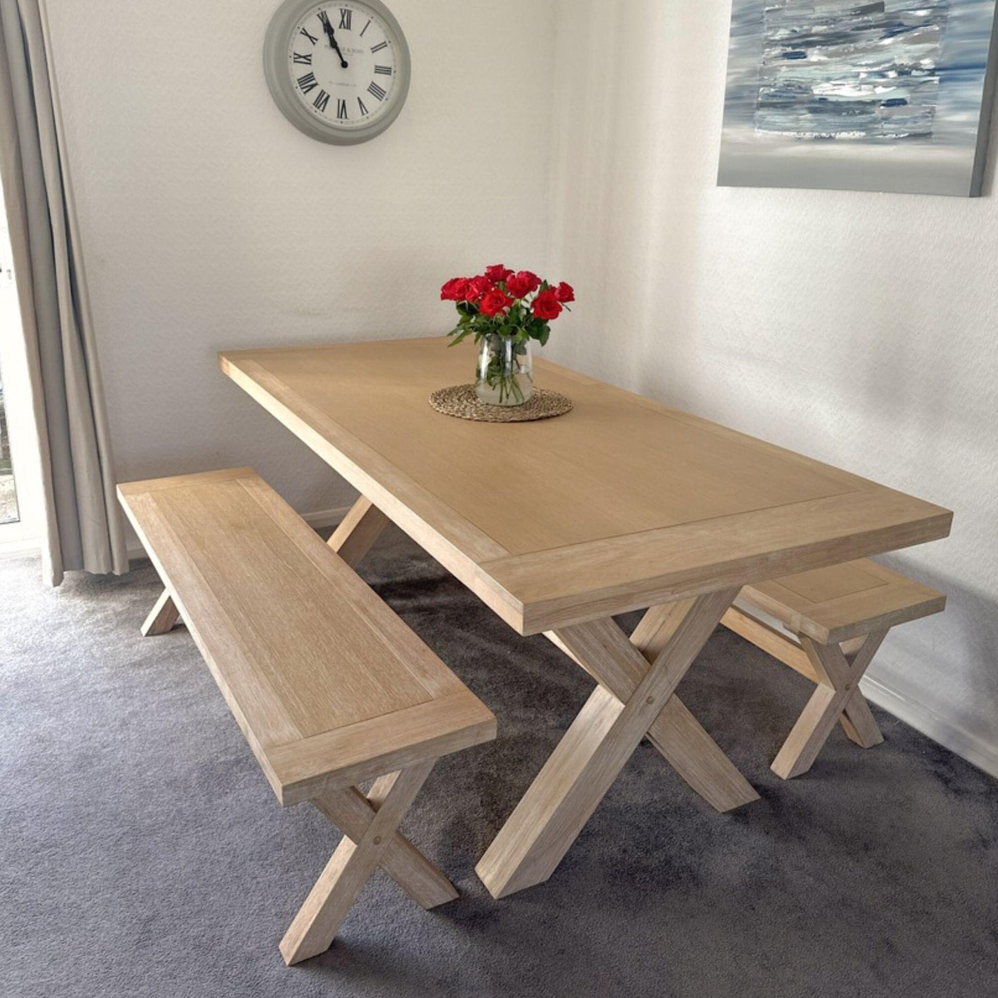 Charlotte 190cm Dining Table with 2 150cm Dining Benches - Whitewash Oak - Laura James