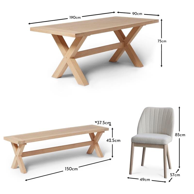 Charlotte Whitewash Dining Table Set - 6 Seater - Chloe Boucle Dining Chairs & Charlotte Bench - Laura James
