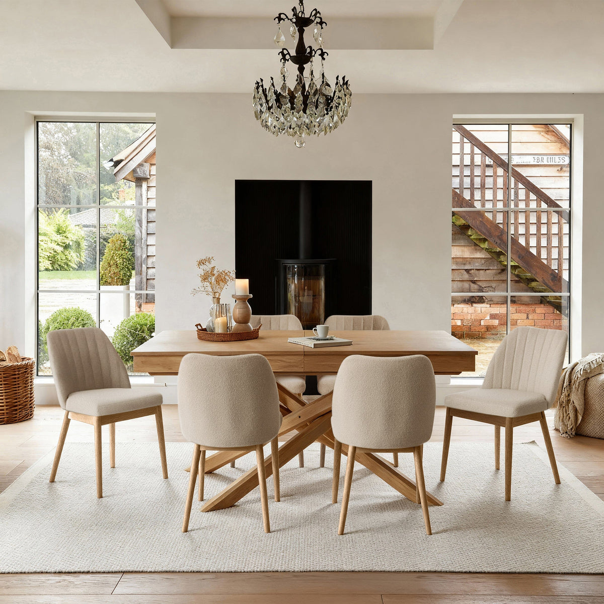 Amelia Whitewash Extending Dining Table Set - 6 Seater - Chloe Boucle Dining Chairs - Whitewash Oak Legs - Laura James