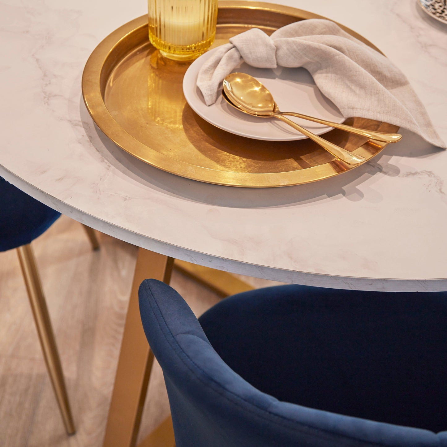 Clara Marble Dining Table Set - 4 Seater - Cleo Blue Dining Chairs with Gold Legs - Laura James