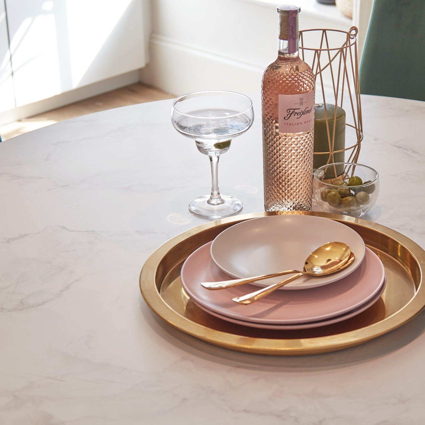 Clara marble effect round dining table - with gold frame - Laura James