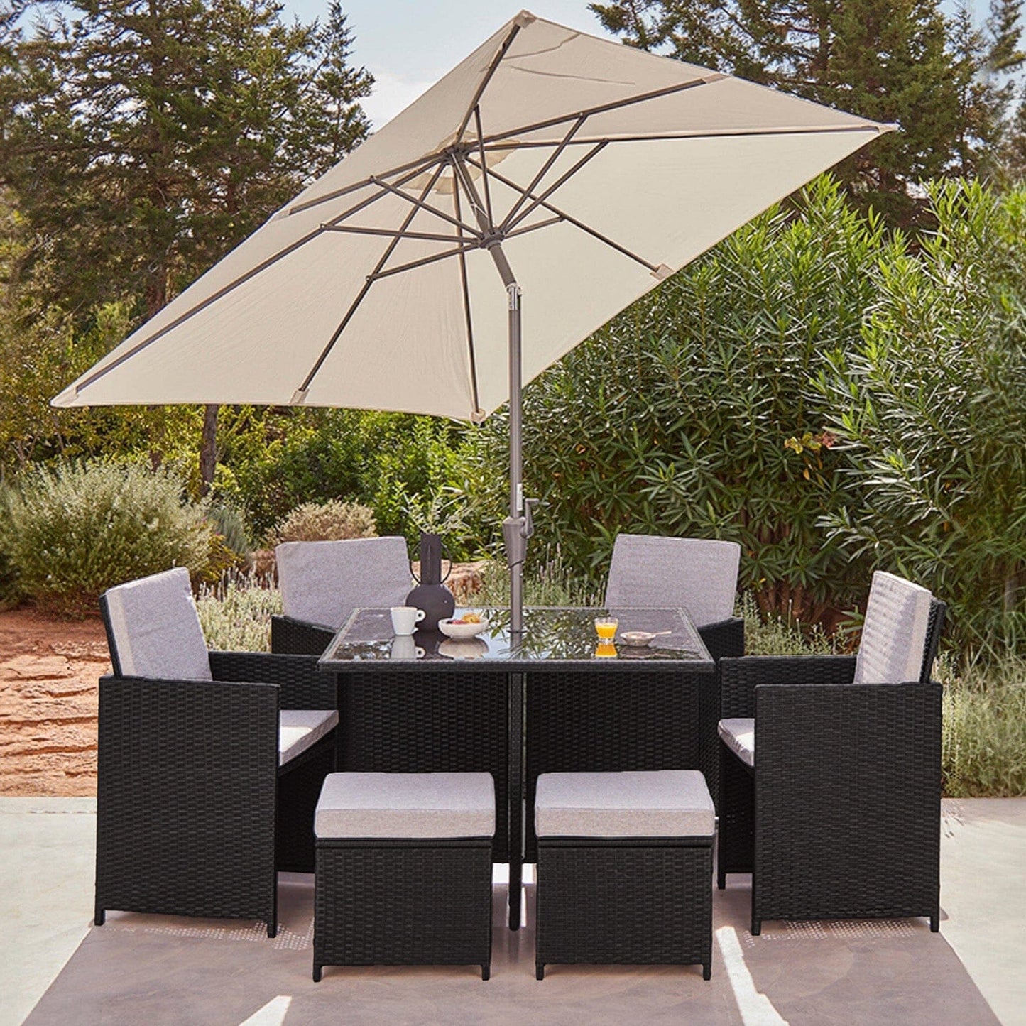 Cube 8 Seater Rattan Outdoor Dining Set with Cream LED Premium Parasol - Mixed Black Weave