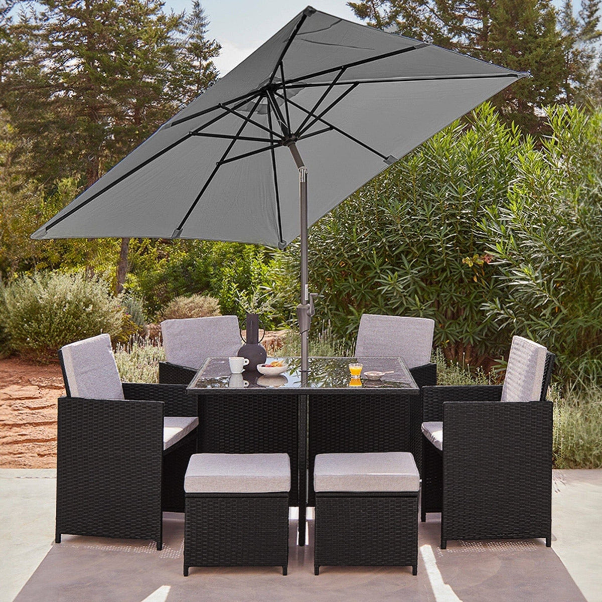 Cube 8 Seater Rattan Outdoor Dining Set with Grey Parasol - Black Weave