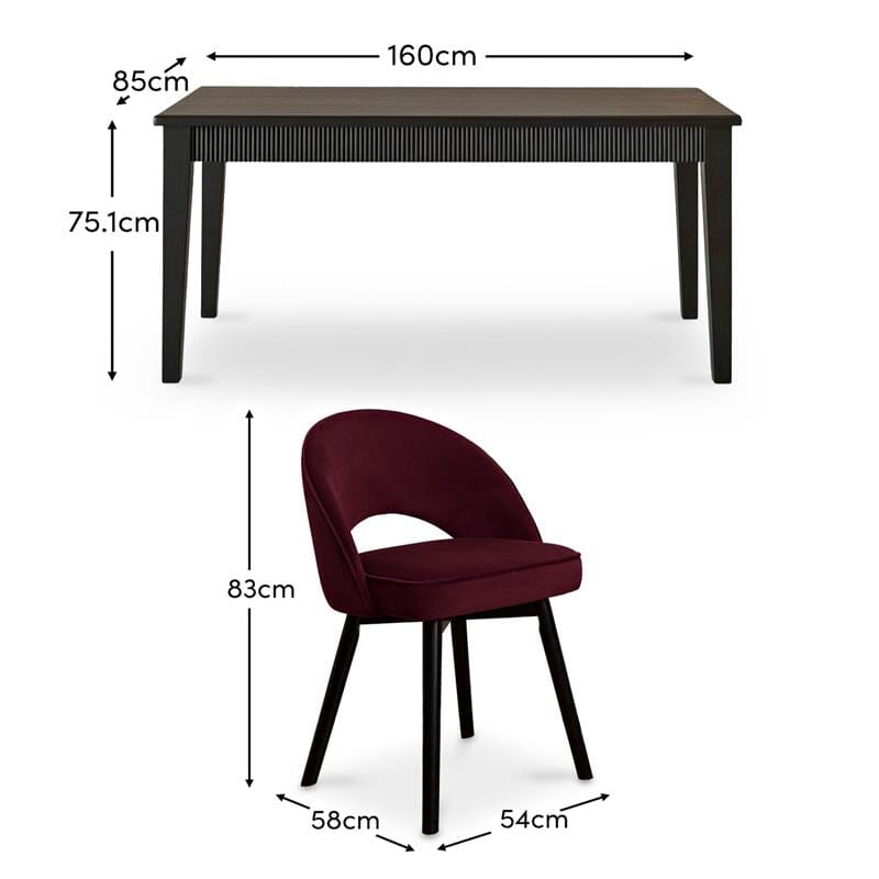 Raleigh Black Dining Table Set - 6 Seater - Marilyn Burgundy Red Dining Chairs - Black Oak Legs - Laura James