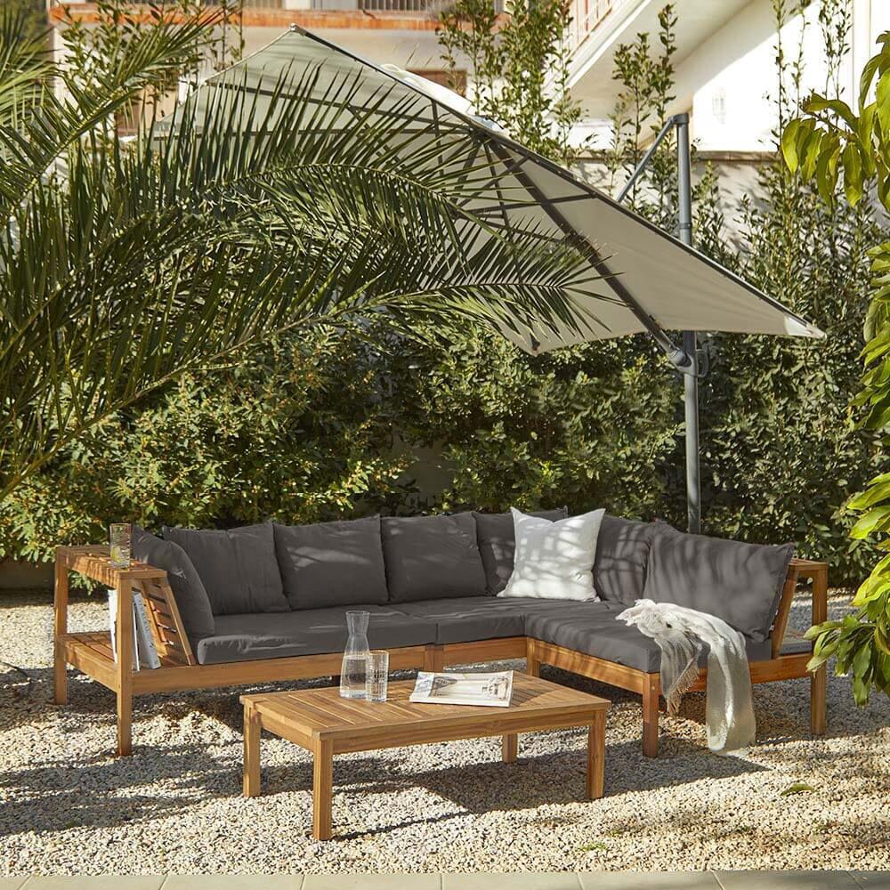 Dakota Wooden Garden Corner Sofa Set with Cream LED Premium Parasol - Grey Cushions - Laura James