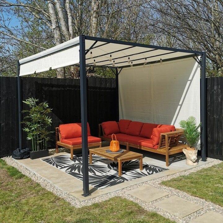 Dakota Wooden Garden Corner Sofa Set with Cream LED Premium Parasol - Red Cushions - Laura James