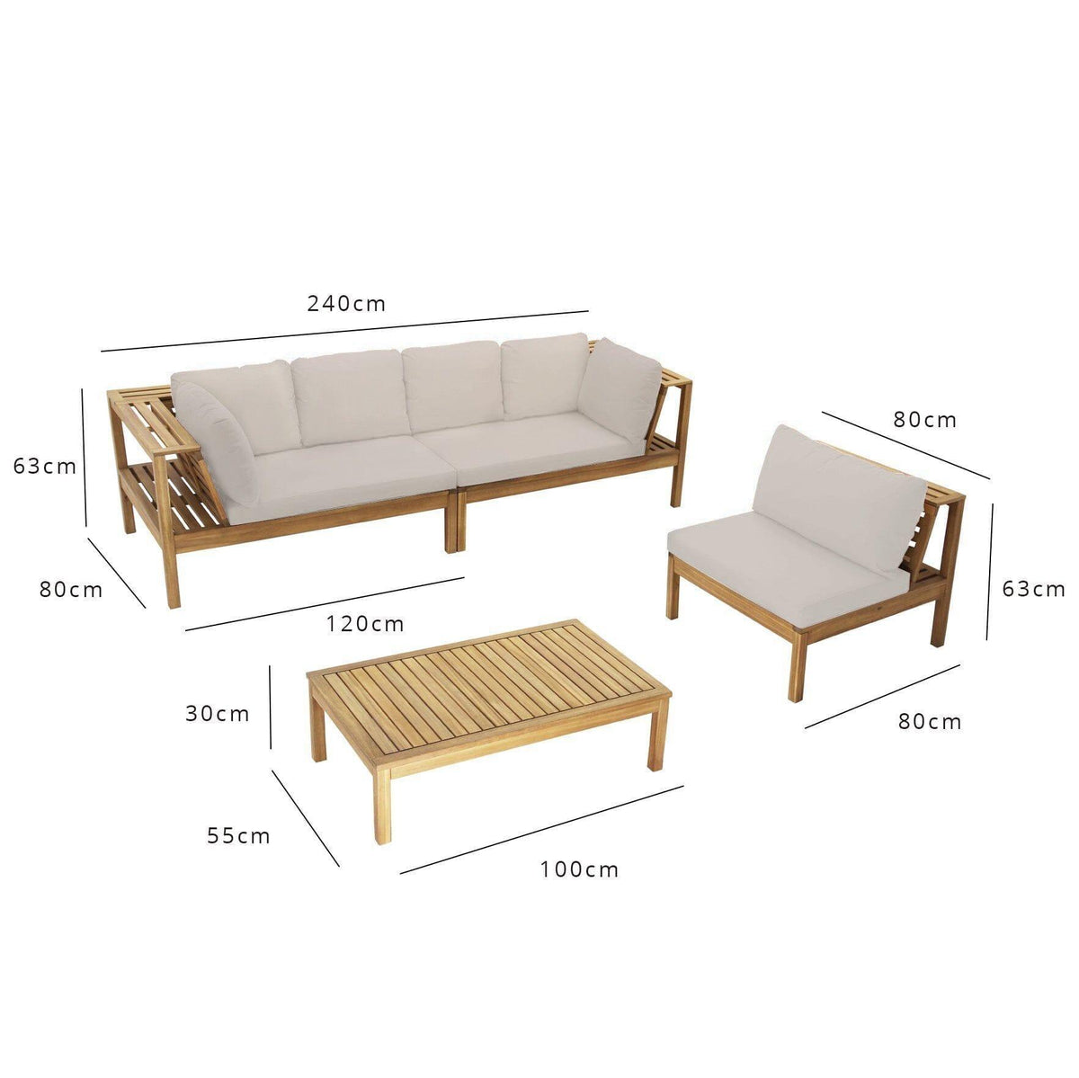 Dakota Corner Wooden Sofa Set with Grey LED Premium Parasol- Cream Cushions