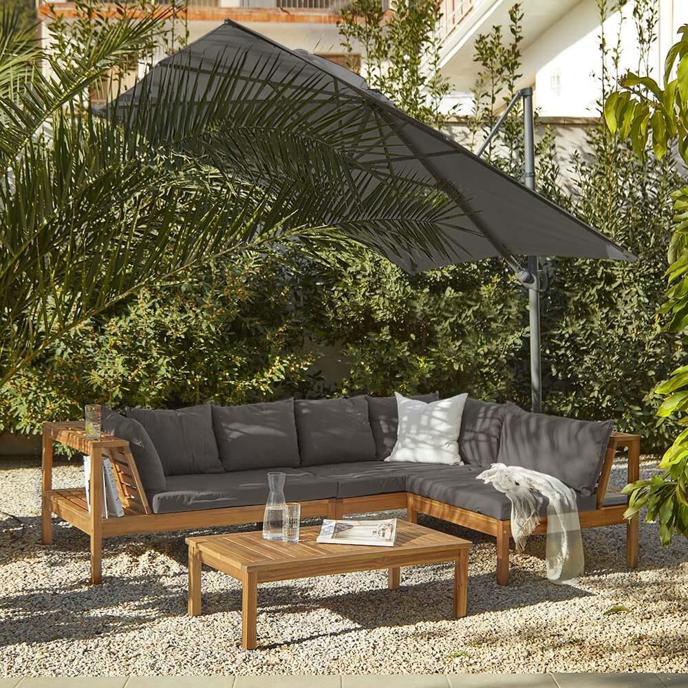 Dakota Corner Wooden Sofa Set with Grey Parasol- Grey Cushions