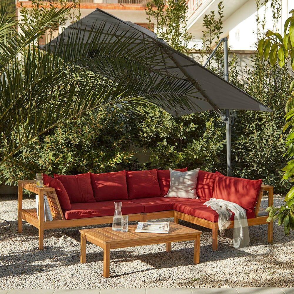 Dakota Wooden Garden Corner Sofa Set with Grey Parasol - Red Cushions - Laura James
