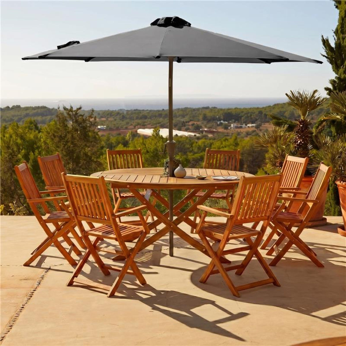Ashby 8 Seater Wooden Round Garden Dining Set with Arms & Grey Parasol - 160cm - Laura James