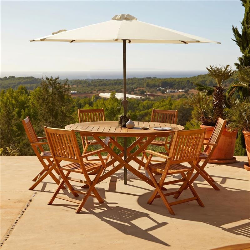 Ashby 6 Seater Round Wooden Garden Dining Set with Arms & Cream Parasol - 130cm