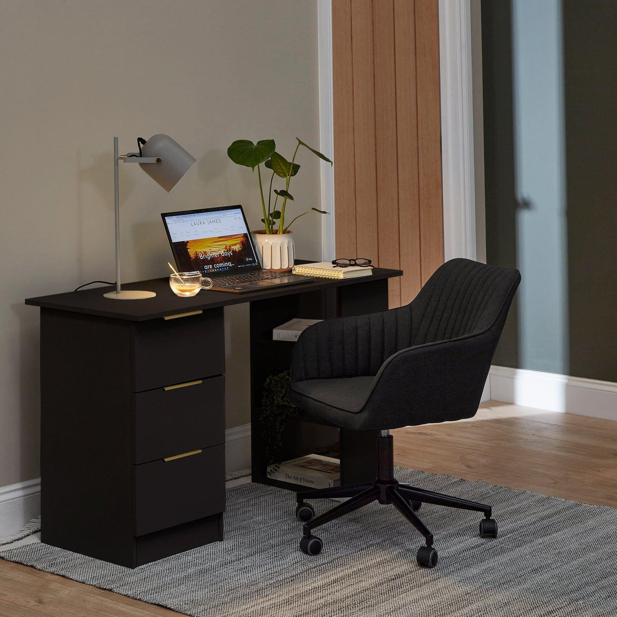 Black Computer Desk With 3 Drawers / 3 Shelves - Laura James