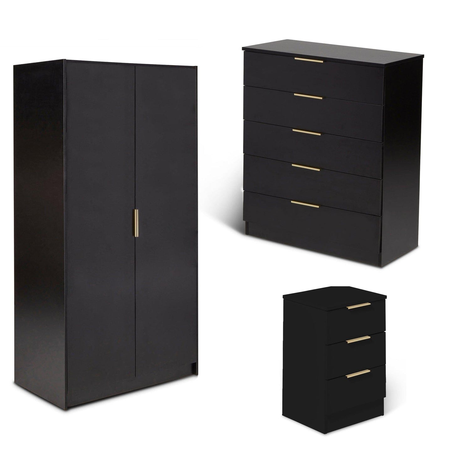 Essie 3 Piece Bedroom Set - 5 Chest of Drawers - Pitch Black