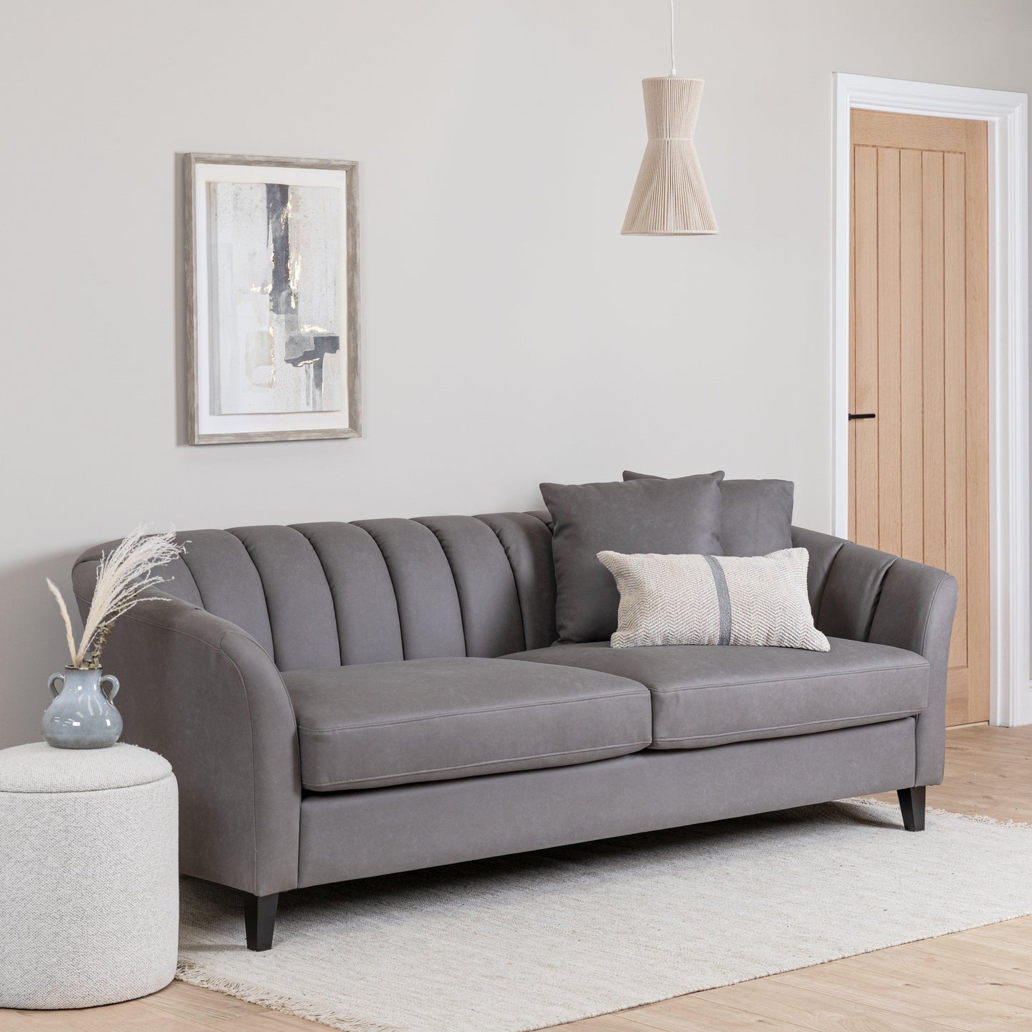 Florence Steel Grey Vegan Leather 4 Seater Sofa with Dark Oak Legs - Laura James