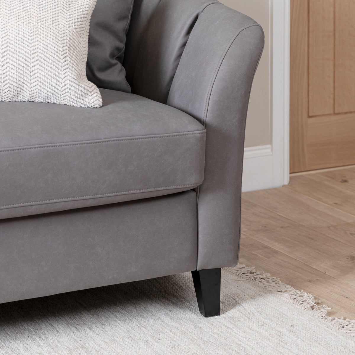 Florence Steel Grey Vegan Leather 4 Seater Sofa with Dark Oak Legs - Laura James