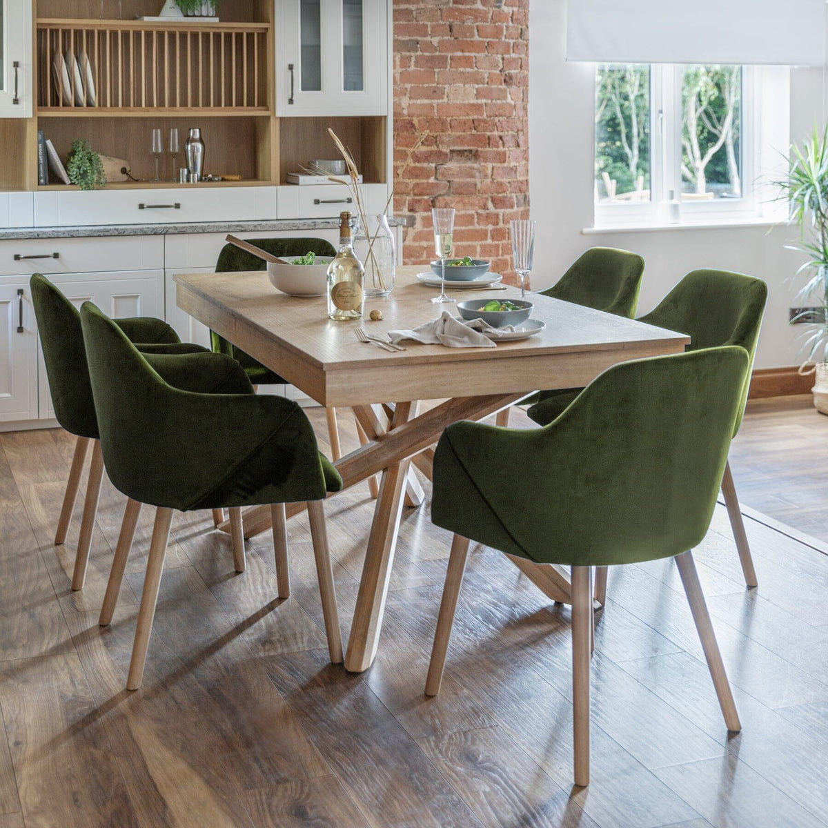 OUTLET - Freya Fern Green Armchairs - Set of 2 - Whitewash Oak Legs