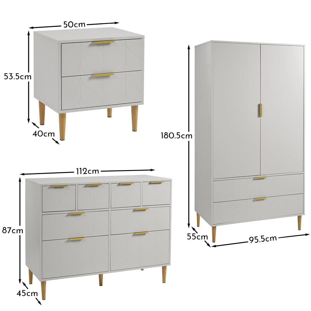 Gloria 3 Piece Bedroom Furniture Set - 4 Over 4 Chest of Drawers - Grey
