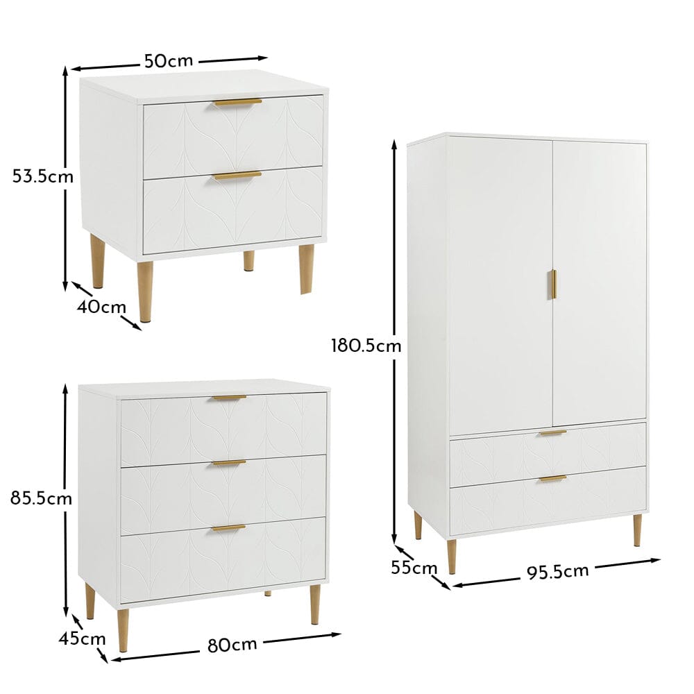 Gloria 3 Piece Bedroom Furniture Set - 3 Drawer Chest of Drawers - White