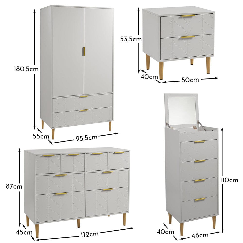 Gloria Wardrobe & Drawers Set - 4 Over 4 Chest of Drawers - Grey