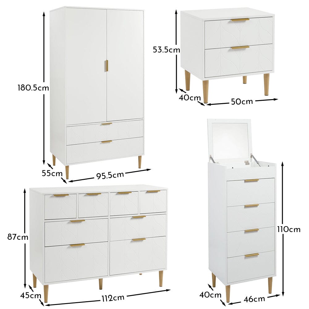 Gloria Wardrobe & Drawers Set - 4 Over 4 Chest of Drawers - White
