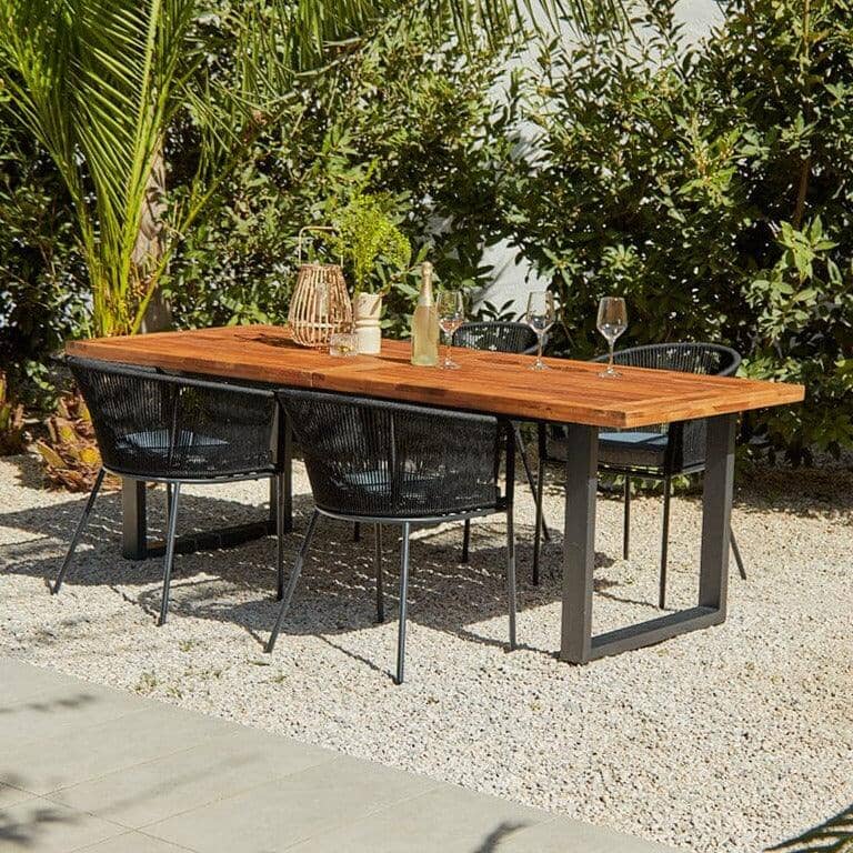 Hali 4 Seater Wooden Outdoor Dining Set with Hali Black Chairs & Grey LED Premium Cantilever Parasol - 175cm