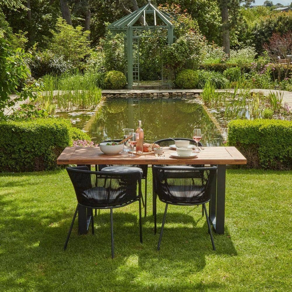 Hali 4 Seater Wooden Outdoor Dining Set with Hali Black Chairs & Cream LED Premium Cantilever Parasol - 175cm