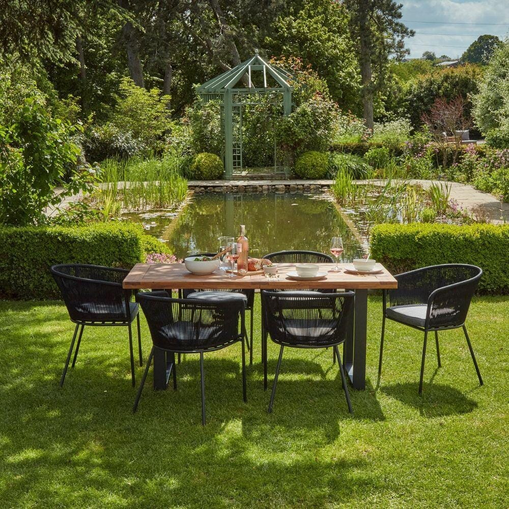 Hali 6 Seater Wooden Outdoor Dining Set with Hali Black Chairs & Cream LED Premium Cantilever Parasol - 175cm