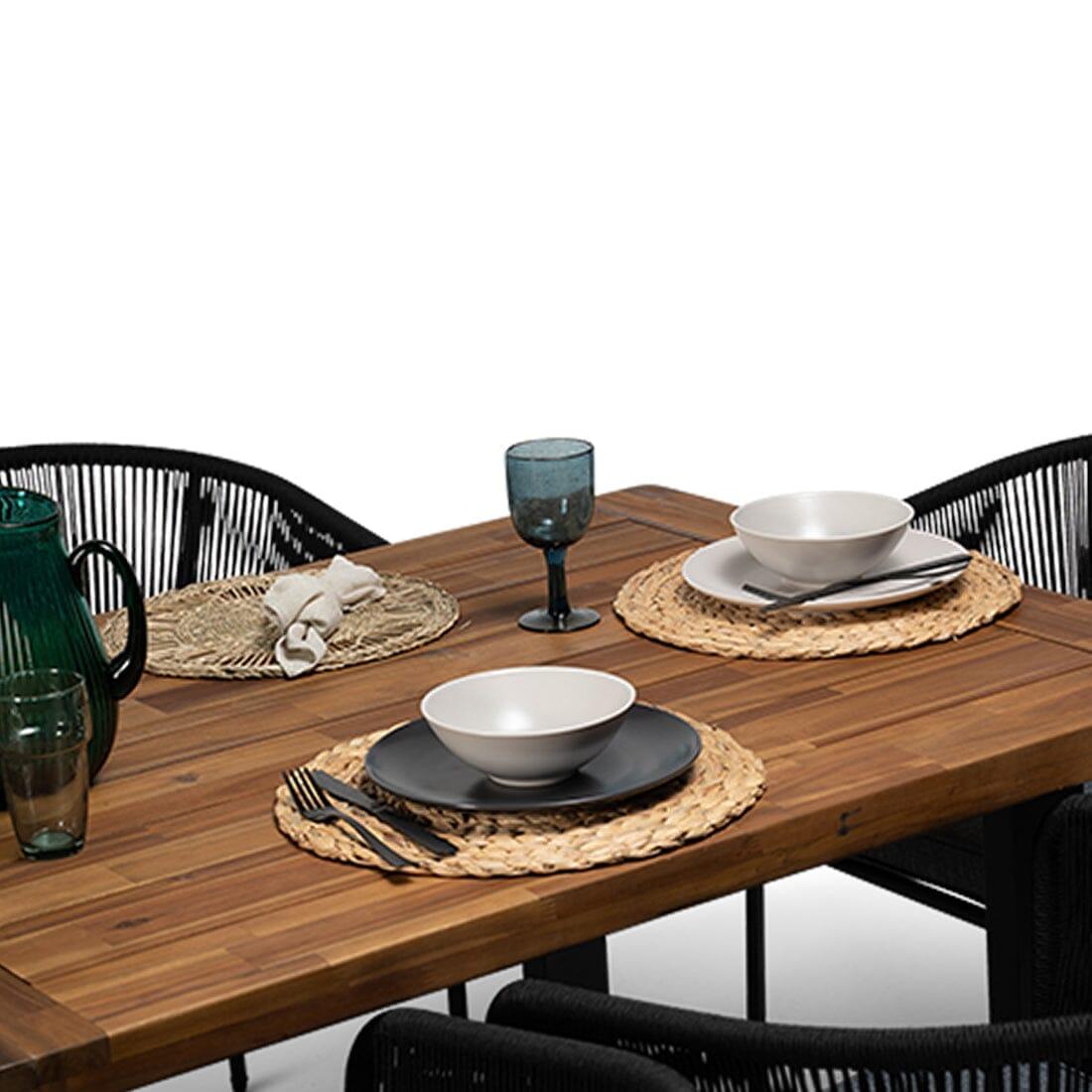 Hali Large Wood Outdoor Dining Set Black for 6, LED Cream Parasol - Laura James