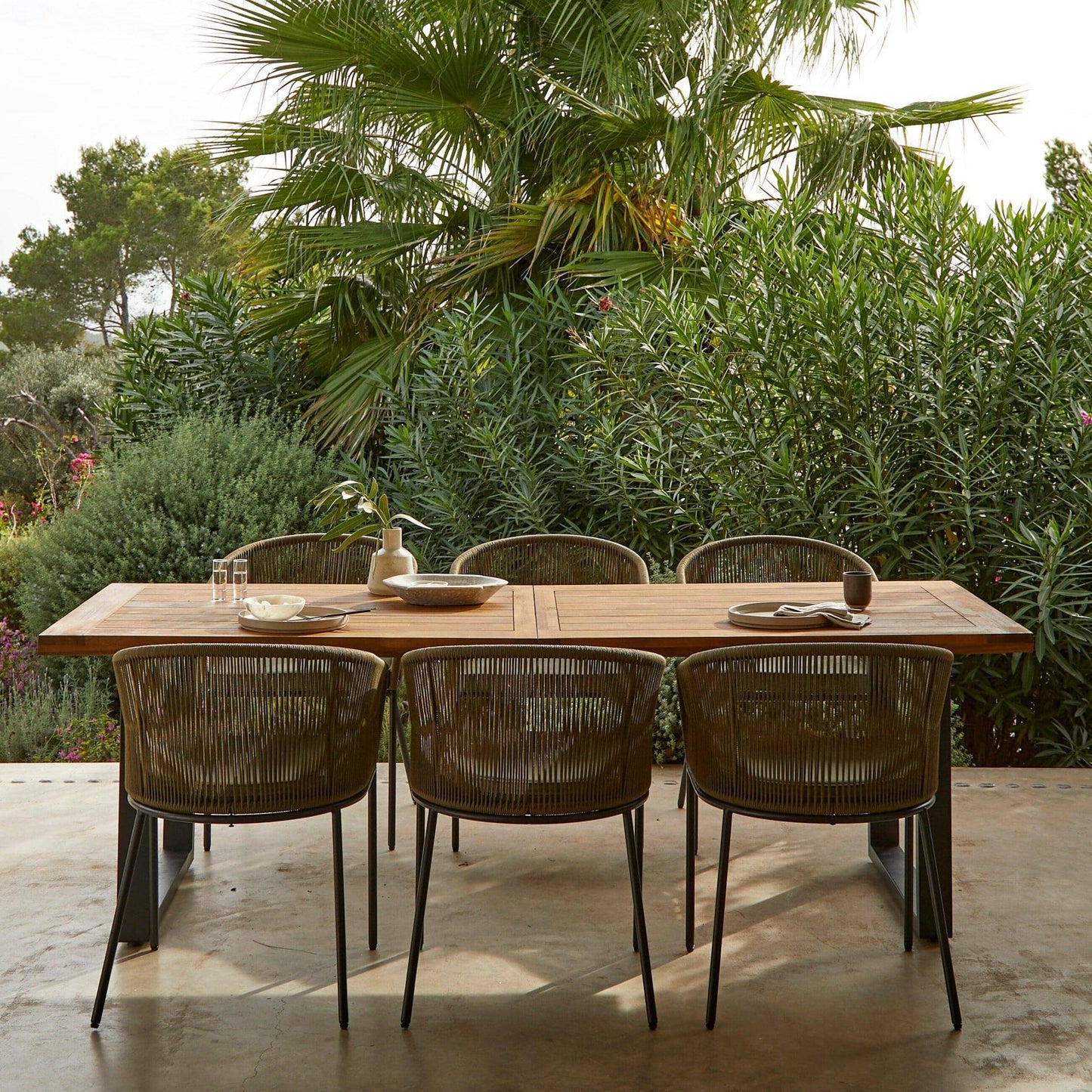 Hali 6 Seater Wooden Garden Dining Set with Hali Green Chairs & Cream LED Premium Parasol - 175cm